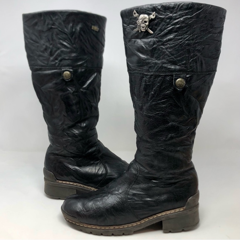 Rieker Tall Knee High Black Leather Boots Riding Biker Soft Lined Side Zip